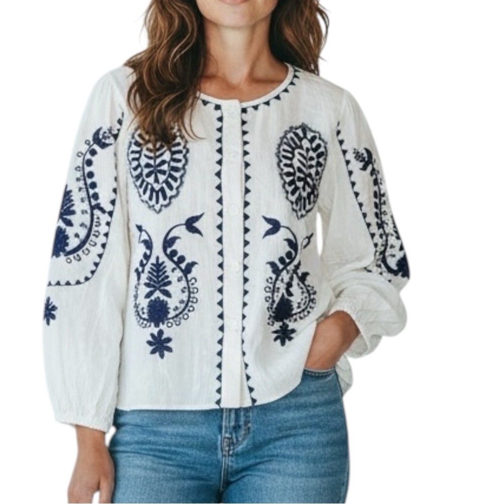 SOLITAIRE Linen Blend Boho Peasant Blouse with Navy Embroidery Size XL — NWT!!!